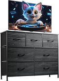 WLIVE 7 Drawer Dresser TV Stand, Entertainment Center, Media Console Table with Metal Frame and Wood Top for TV up to 45 inch, Chest of Drawers for Bedroom, Charcoal Black Wood Grain Print