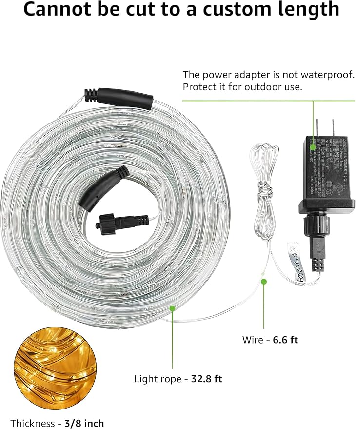 LE 33ft 240 LED Rope Lights Outdoor 24 Volts, 3/8 inch Clear Tube, Upgraded 2700K Warm White, Connectable (Up to 3 Sets), Not Dimmable, Waterproof String Lights for Patio Deck Railing Stair Landscape