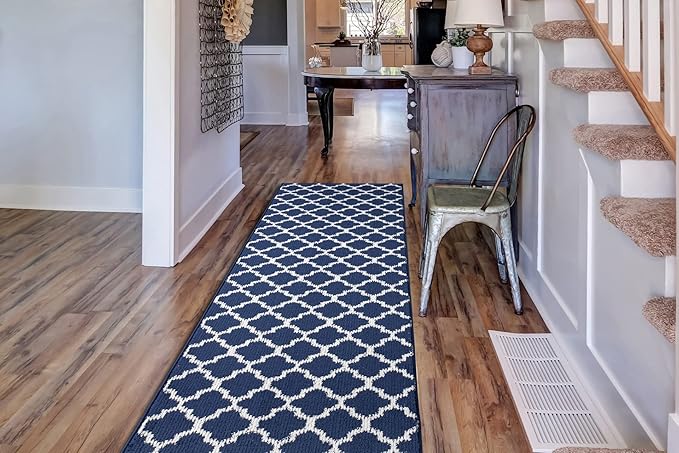 Custom Size Cut to Length Moroccan Trellis Design Runner Rug Mat For Wide Long Hallways with Non-Slip Rubber Backing, Better Traction for Pets, Prevent Slippage, Trellis Navy Blue, 31 inch X 13 feet