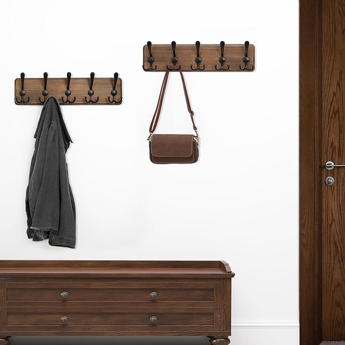 WEBI Rustic Coat Rack Wall Mount,Solid Wood Coat Hooks Wall Mounted Coat Hanger,16" Hole to Hole,Hook Rack Rail,5 Triple Hooks for Hanging Coats,Jacket,Clothes,Brown