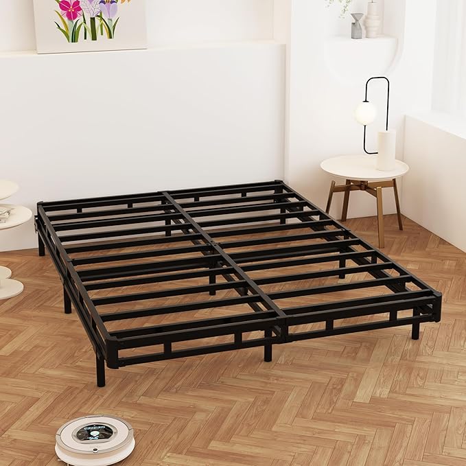 Queen Box Spring 4 Inch Low Profile, Heavy Duty Metal Box Spring Bed Base with Fabric Cover, Mattress Foundation, Easy Assembly, Noise Free, Black