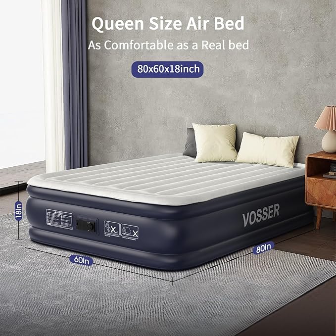 Air Mattress Queen with Built in Pump,18'' Inflatable Mattress of Vertical Beams,Self Inflatable/Deflation Blow Up Mattress in 3 Mins,Flocked Top Airbed with Carry Bag for Home, Camping