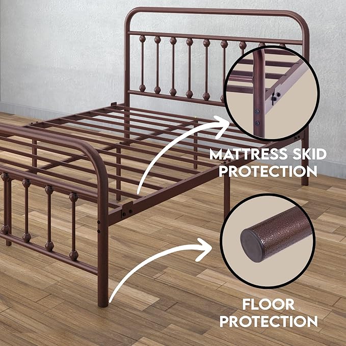 Golden Gate Beds Victorian Vintage Style Metal Bed Frame with Wrought Iron Headboard and Footboard, Classic Platform Bedframe with Storage, No Box Spring Needed, Mattress Foundation, Brown, Queen Size