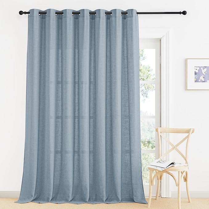 RYB HOME Linen Curtains 95 inch Length for Living Room Bedroom, Light Filtering Half Privacy Rustic Extra Long Elegant Semi Sheer for Kitchen Bathroom, W 100 x L 95 inches, Dusty Blue, 1 Panel
