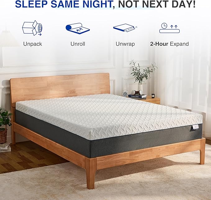 10 Inch Green Tea Memory Foam Mattress, Queen Memory Foam Mattress in a Box, Gel Infused Foam for Pressure Relief and Cool Sleep, CertiPUR-US Certified, Medium Firm