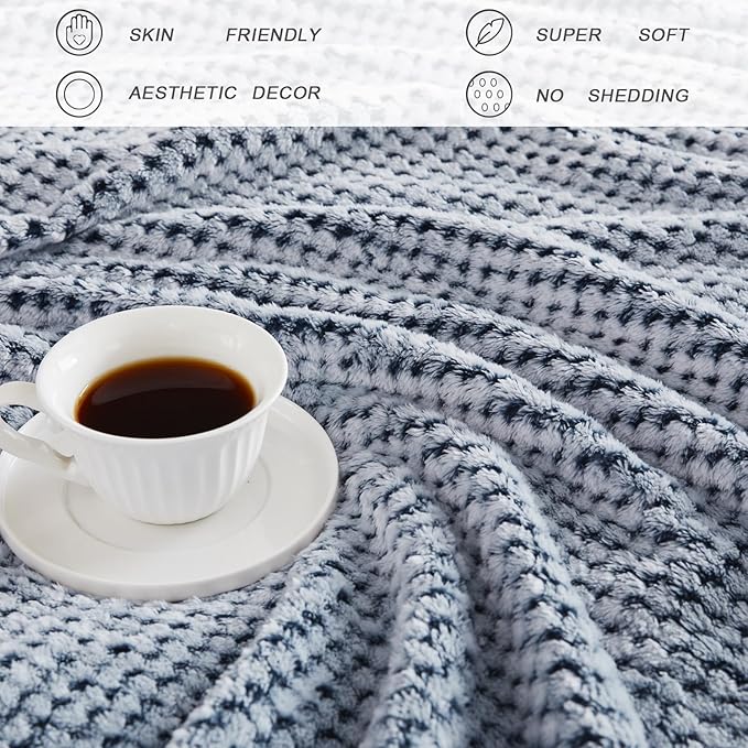 Exclusivo Mezcla Fleece Bed Blanket King Size, Super Soft and Warm Blankets for Couch, Sofa and Bed Waffle Textured, Cozy, Fuzzy and Lightweight (Mixed Navy Blue, 90x104 Inches)