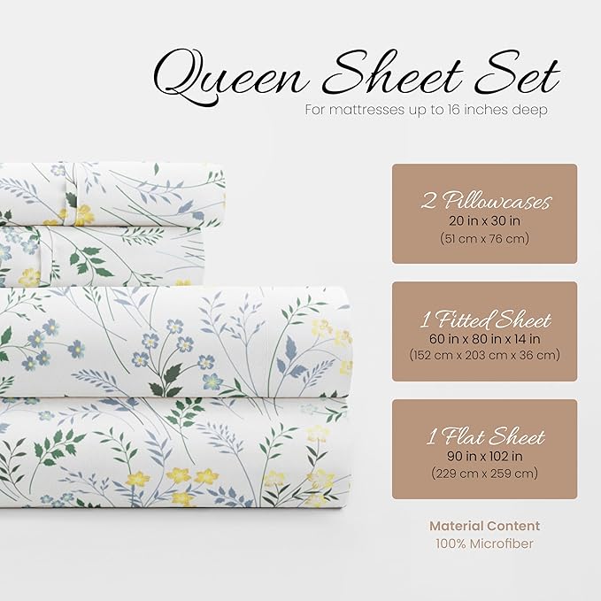 Linen Market 4 Piece Queen Sheet Set - Breathable, Double-Brushed Patterned Cooling Sheets – Oeko-TEX Certified Ultra Soft & Wrinkle-Free 16" Deep-Pocket Queen Sheets - Easy Care Wildflower Blue