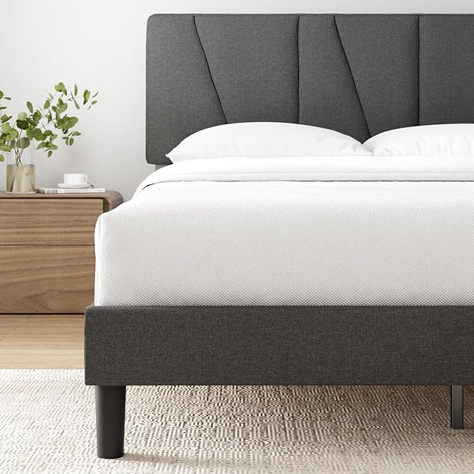 ZINUS King Maya Upholstered Bed Frame with Asymmetric Headboard, Durable Wooden Slats, Sturdy Framework, Noise Free Sleep, No Box Spring Needed, Easy Assembly, Eco Friendly Packaging, Dark Grey