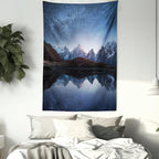 Lunarable Star Tapestry Queen Size, Night Sky with Milky Way Over a Mountain Landscape Lake Cosmos Galaxy Scenery Universe, Wall Hanging Bedspread Bed Cover Wall Decor, Queen Size, Brown Blue