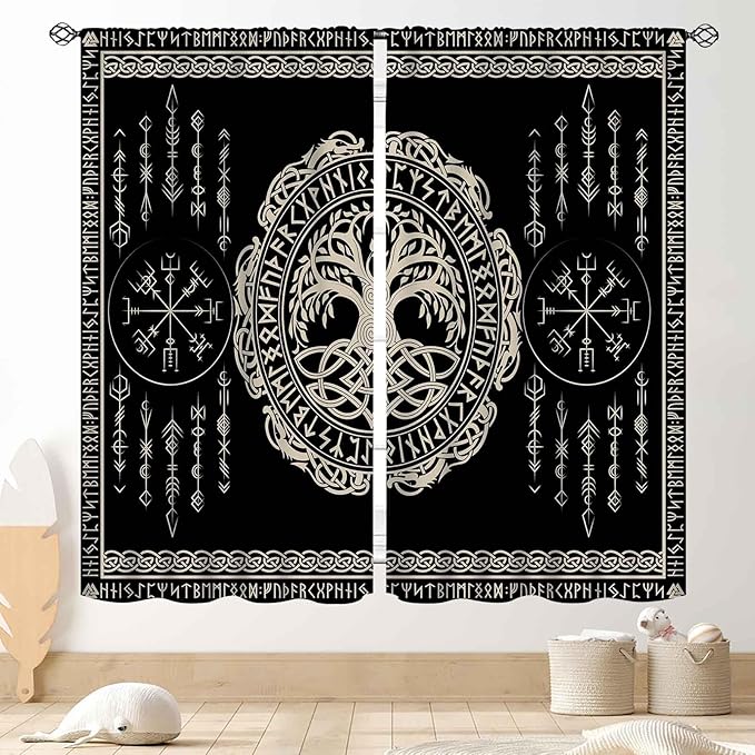 Viking Curtains, Nordic Tree of Life Celtic Rune Scandinavian Gothic Norse Mythology Aesthetic Retro Drapery for Bedroom Living Room Bathroom Window 2 Panel Set, 63"x72" Inch