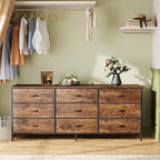 Huuger 9 Drawer Dresser, 55 Inch TV Stand for 55, 60 Inch TV, Entertainment Center with Drawers, Large Storage Fabric Dresser for Bedroom, Closet, Rustic Brown