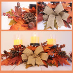 Fall Candle Holder Centerpiece with Maple Leaves, Pinecones, Berries & Burlap Bow,Thanksgiving Table Centerpiece Decoration for Dining Table, Mantel & Autumn Harvest Home Décor