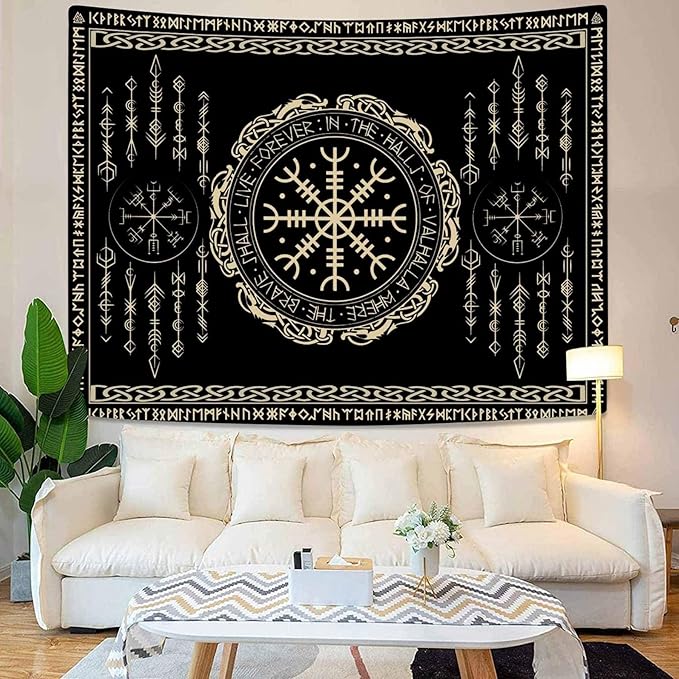 OSUNBD Nordic Vikings Tapestry Small 60x40inches Soft Flannel Vegvsir Symbol Amulet Celtic Rune Scandinavian Aesthetic Mythology Tapestry Wall Hanging for Bedroom Living Room Decor