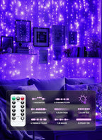 Brightown 300 LED Purple Halloween Fairy Curtain Lights, 9.8ft x 9.8ft Curtain String Lights, USB Plug in 8 Lighting Modes LED Christmas String Hanging Lights with Remote for Bedroom Indoor Weddings