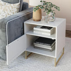Nathan James Mina Rattan Wood End Side Accent Table Nightstand with Storage for Living Room or Bedroom, 1, White/Gold