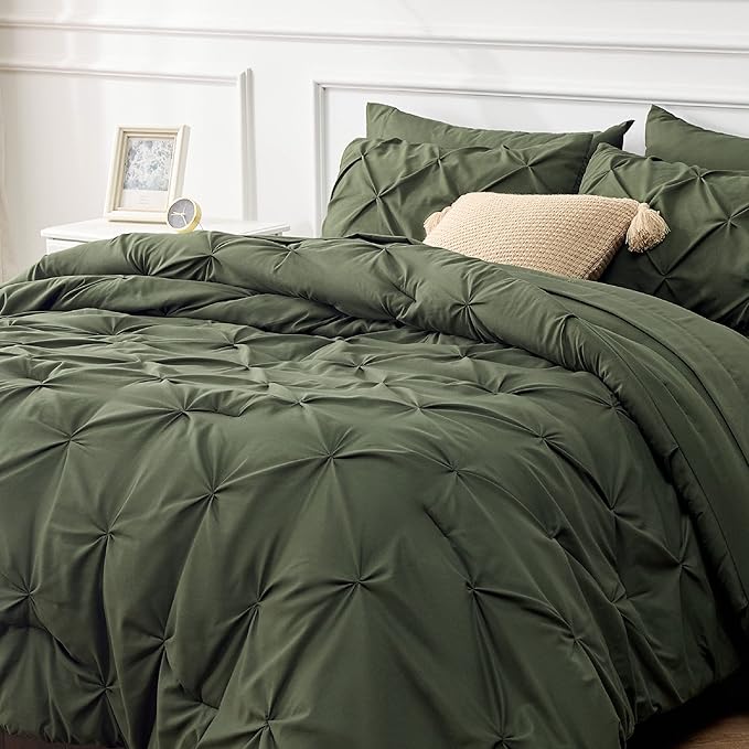 Bedsure Twin XL Comforter Set - Extra Long 5 Pieces Dorm Bedding Sets, GentleSoft™ Pinch Pleat Olive Green Bed in a Bag with Pintuck Comforter, Sheets, Pillowcase & Sham