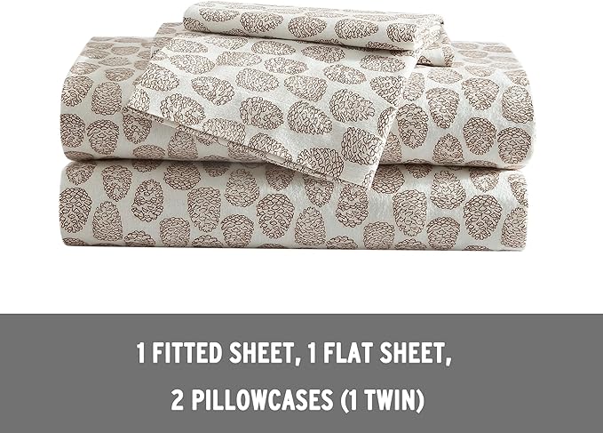 Eddie Bauer - Queen Sheets, Cotton Flannel Bedding Set, Brushed For Extra Softness, Cozy Home Decor (Little Creek Pine Cone Beige, Queen)