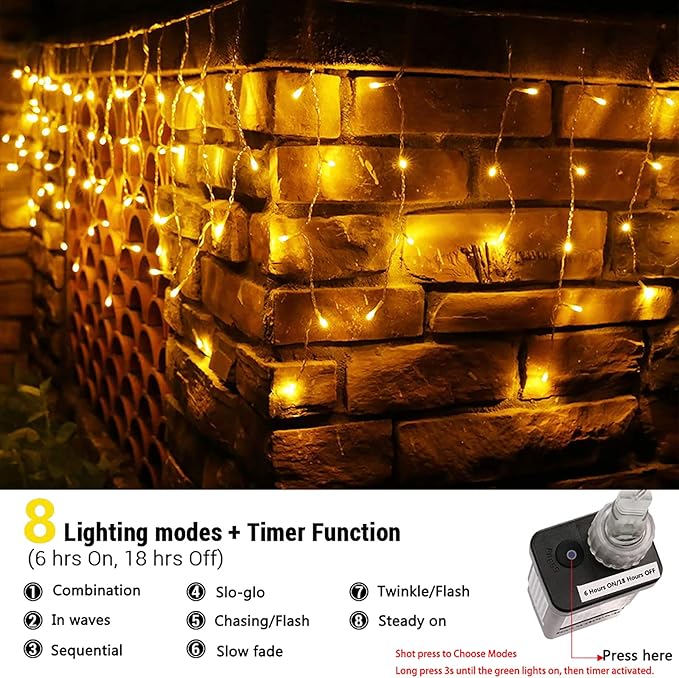 Toodour Christmas Icicle Lights Outdoor, 1224 LED 100ft 8 Modes Fairy Icicle String Light with 204 Drops, Led Christmas Lights Twinkle for Holiday, Party, Wedding, Eaves, Xmas Decorations (Warm White)