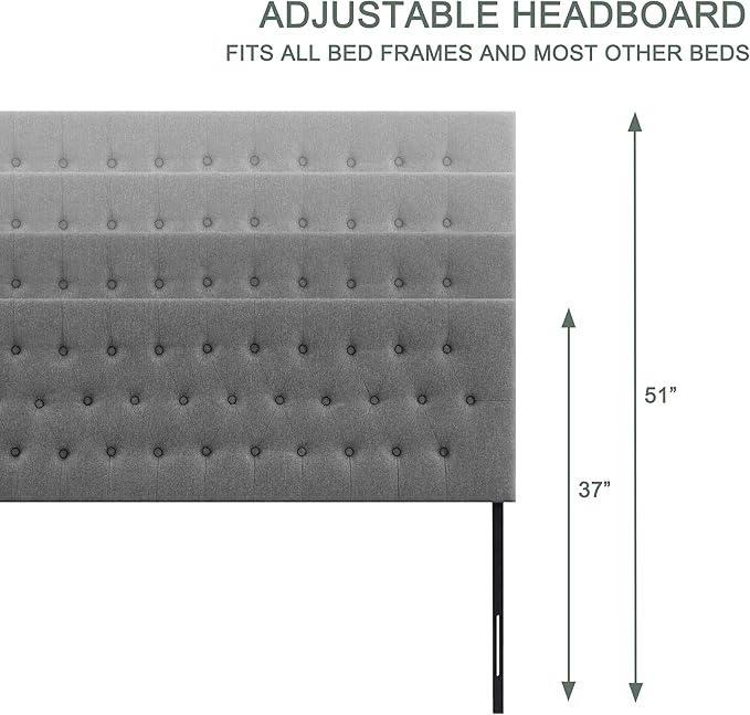 Tufted Upholstered Headboard Queen Size, Solid Wood Head Board with Durable Metal Legs, Adjustable Height Bed headboard from 37” to 51” Fabric Headboard in Modern Button Design, Grey