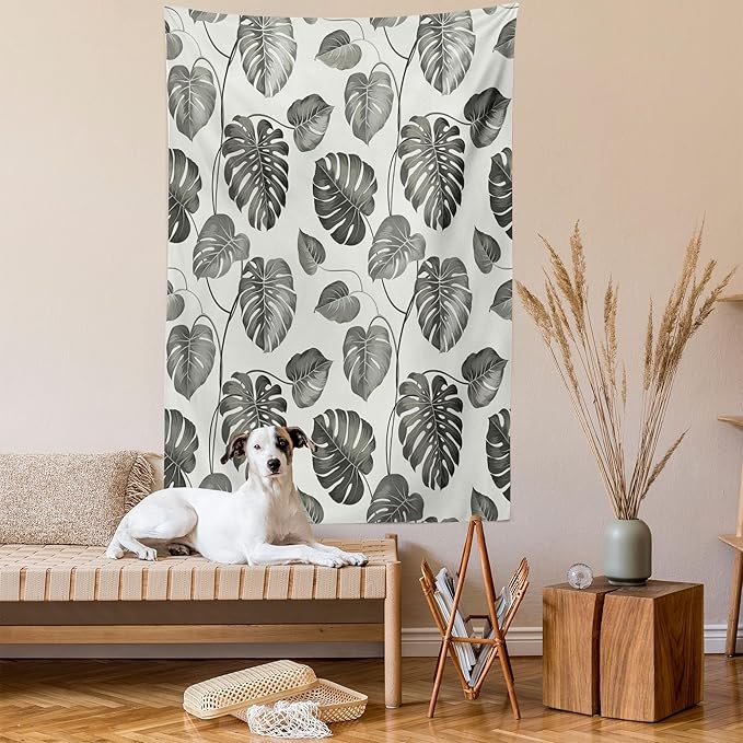 Ambesonne Grey Tapestry, Illustration of Tropical Monstera Leaves Classical with Soft Colors Nature, Wall Hanging for Bedroom Living Room Dorm, 60" X 80", Coconut Gray
