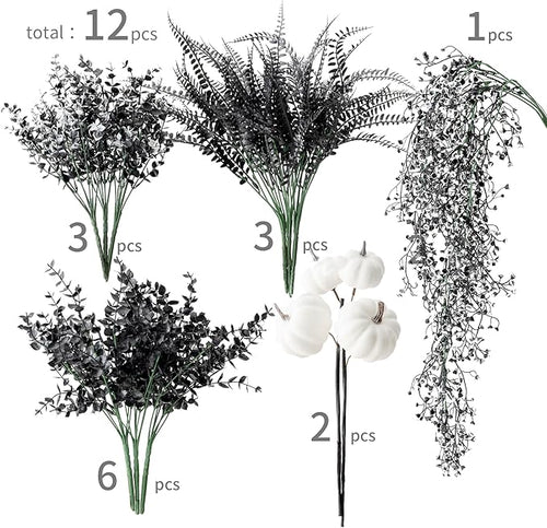 12Pcs Outdoor Artificial Boxwood UV Resistant Fake Stems Plants, Black Artificial Flowers Faux Flowers for Autumn Home Kitchen Wedding Table Centerpiece Halloween Thanksgiving Decorations