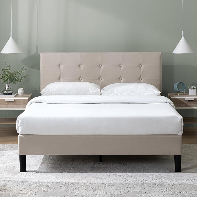 ZINUS Ibidun Upholstered Platform Bed Frame, Mattress Foundation, Wood Slat Support, No Box Spring Needed, Eco Friendly WonderBox (TM), Easy Assembly, Soft Beige, Queen