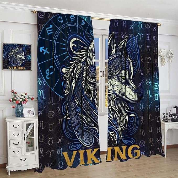 Viking Wolf Curtains Blue Rune Nordic Gothic Animal Curtains Dark Ancient Totem Mythological Pattern Printed Curtains Boys Bedroom Living Room Decoration Blackout Curtains W63 * L72 Inch
