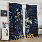 Viking Wolf Curtains Blue Rune Nordic Gothic Animal Curtains Dark Ancient Totem Mythological Pattern Printed Curtains Boys Bedroom Living Room Decoration Blackout Curtains W63 * L72 Inch
