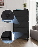 Crestlive Products Vertical Dresser Storage Tower - Sturdy Steel Frame, Wood Top, Easy Pull Fabric Bins - Wide Organizer Unit for Bedroom, Hallway, Entryway, Closets - 5 Drawers(Black)