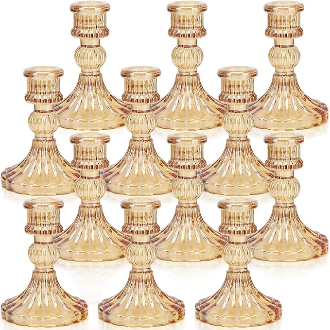 DARJEN Candlestick Holders Set, 4" H Taper Candle Holders Bulk, 12Pcs Gold Glass Candle Holders for Wedding, Festival, Party & Windowsill Decor