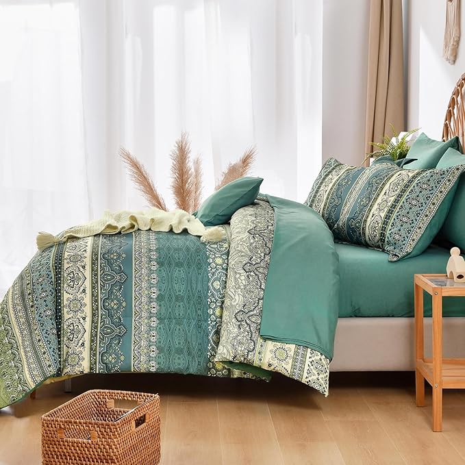 Cottolester Boho Queen Comforter Set 8 Pieces,Green Bohemian Comforter Paisley Striped Bed in A Bag,Soft Microfiber Bedding Set for All Season