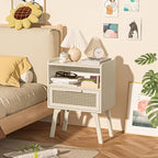 Lerliuo Rattan Nightstand, Side Table with Drawer Open Shelf, Cane Accent Bedside End Table with Solid Wood Legs, Mid Century Modern Night Stand for Bedroom, Dorm and Small Spaces (Grey White)