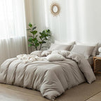 MooMee Bedding Duvet Cover Set 100% Washed Cotton Linen Like Textured Breathable Durable Soft Comfy (Heathered Cream Grey, Oversized King Plus 128"x120")