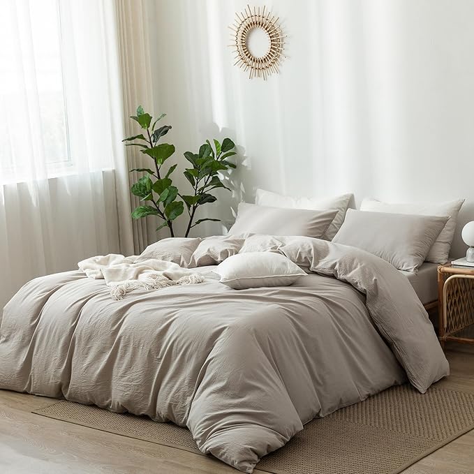 MooMee Bedding Duvet Cover Set 100% Washed Cotton Linen Like Textured Breathable Durable Soft Comfy (Heathered Cream Grey, Alaska King 132"x120")