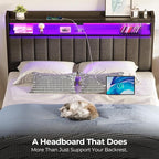 Rolanstar Headboard for Queen Size Bed with Storage, 60,000 DIY Color of LED Light, Head Board with USB & Type C Port, Height Adjustable, Black Upholstered Cabeceras de Cama Comfortable Modern, Linen