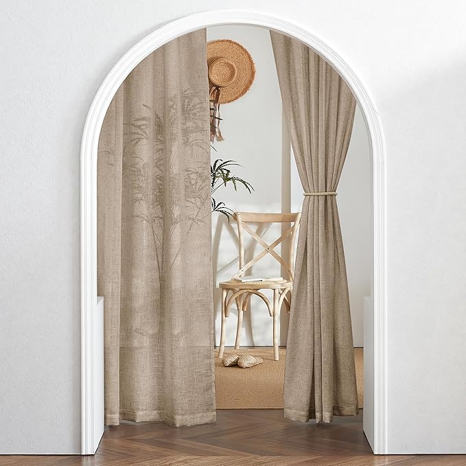 RYB HOME Linen Kitchen Curtains 63 inch Length for Living Room Bedroom, Privacy Protection Light Filtering Decorative Natural 2 Panels Set Farmhouse Boho, Khaki, W 34 x L 63 inches