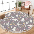 Round Rugs Autumn Forest Cute Bear Rabbit Flowers Butterflies Cartoon Boho Area Rug Linen and Cotton Carpet Meditation Washable Hallway Runner Mat Accent for Bedroom Bathroom 3ft, Multi5