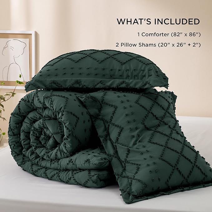 Bedsure Full Comforter Set - Forest Green Comforter, Boho Tufted Shabby Chic Bedding for Kids, 3 Pieces Vintage Farmhouse Bed Set for All Seasons, Fluffy Soft Bedding with 2 Pillow Shams