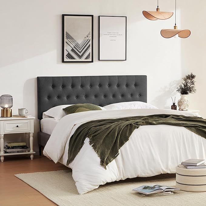 Tufted Upholstered Headboard Twin Size, Solid Wood Head Board with Durable Metal Legs, Adjustable Height Twin XL headboard from 37” to 51” Fabric Headboard in Modern Button Design, Black
