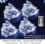Bright Zeal 66 Ft 200 LED 8 Mode Christmas String Lights Cool White - Outdoor Battery LED String Decorations with Timer - Waterproof Fairy Lights Battery Operated - Indoor Christmas Tree Decor