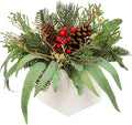 DILATATA Christmas Centerpieces 8 Inch Artificial Christmas Plant in Square Wooden Pot Tabletop Pine Plants with Red Berries Pine Cones Eucalyptus for Winter Holiday Party Fireplace Mantel Xmas Decor