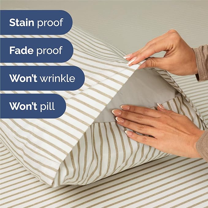 Split King 7 Piece Sheet Set - Comfy Breathable & Cooling - Soft Hotel Luxury Bedding Set w/ 8-16 Inch Deep Pockets - 1 Flat & 2 Fitted Sheet & 4 Pillowcases - Cozy & Wrinkle Free - Beige Stripes 2