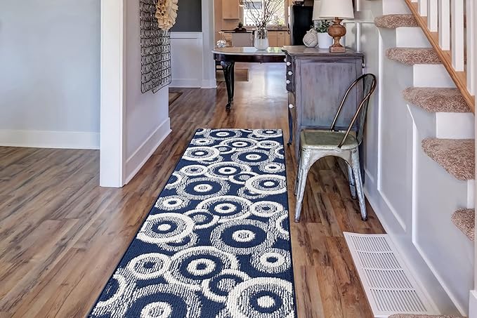 Custom Length Cut to Size Retro Modern Coastal Carpet Runner Rug for Hallways, Non Slip Rubber Backed, 31 inch Wide X Customized Length, Geo Blue, 31 inch X 6 feet
