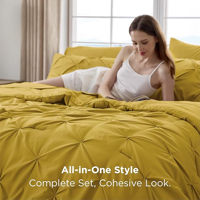 Bedsure Full Comforter Set Mustard Yellow - Bed in a Bag Full Size Bedding Set 7 Pieces, GentleSoft™ Pintuck Bed Set Gift for Family, Pinch Pleat All Season Comforter with Sheets, Pillowcases & Shams