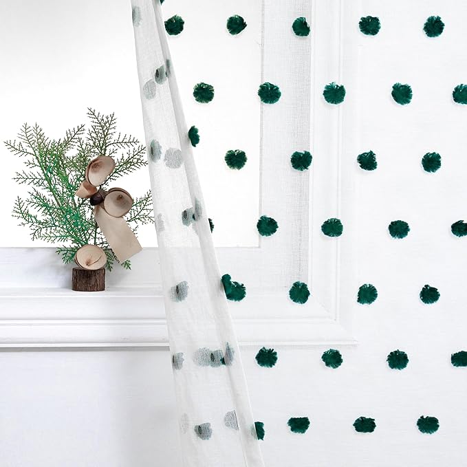 MYSKY HOME 84 Inch Long Christmas Curtains for Living Room Hunter Green Pom Pom Curtains for Bedroom White Sheer Nursery Curtains for Kids Room Rod Pocket Privacy Windows Drapes 52" x 84" 2 Panels
