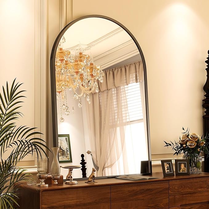 VooBang Arched Wall Mirror, 32 x 48 inch Arch Bathroom Mirror, Wall Mounted Vanity Mirror with Arch Metal Frame, Modern Bathroom Vanity Mirror for Bedroom, Living Room, Hanging or Leaning, Black