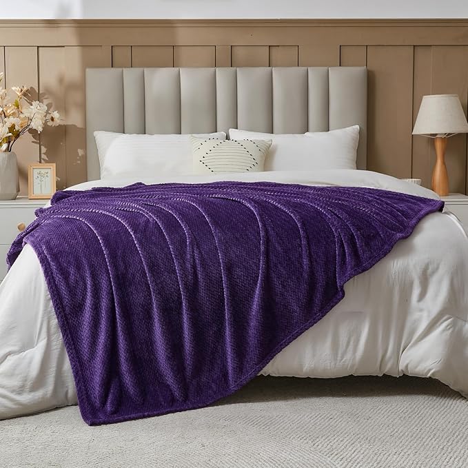 NEWCOSPLAY Super Soft Twin Blanket Dark Purple Premium Silky Flannel Fleece Leaves Pattern Lightweight Bed Blanket All Season Use (Dark Purple, Twin(60"x80"))