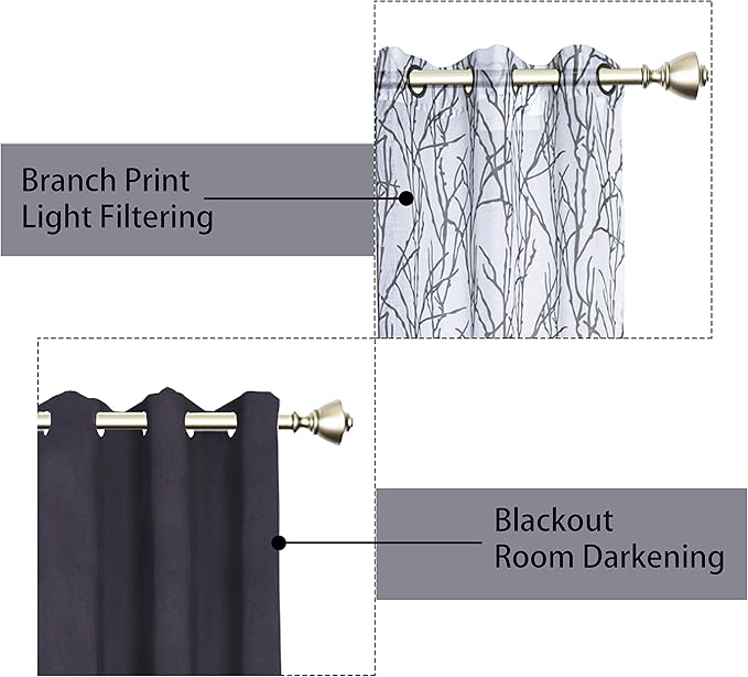 BONZER Mix and Match Curtains - 2 Pieces Branch Print Sheer Curtains and 2 Pieces Blackout Curtains for Bedroom Living Room Grommet Window Drapes, 37x95 Inch/Panel, Grey Dark, Set of 4 Panels