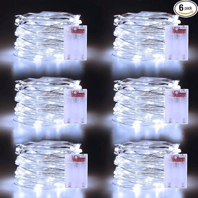 Christmas White Fairy Lights Battery Operated 6 Pack 16.4Ft 50 LEDs Silver Copper Wire Twinkle Lights for Halloween Christmas Bedroom Indoor Outdoor Wedding Dorm Parties Holiday Yard Decorations