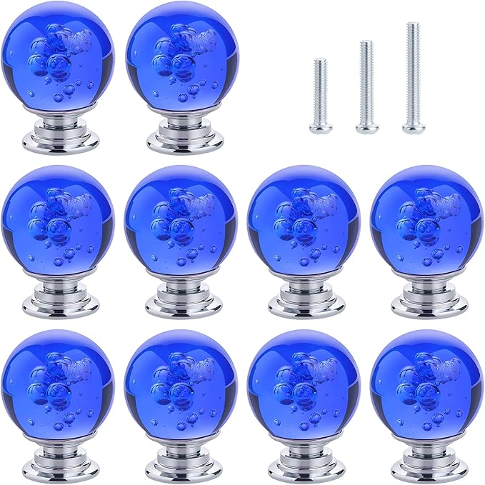 10 PCS Crystal Cabinet Knobs Round Glass Bubbles Dresser Knobs Smooth Drawer Knobs Handle for Home, Cabinet, Drawer and Dresser Hardware with 3 Different Size Screws, 30MM (Blue)